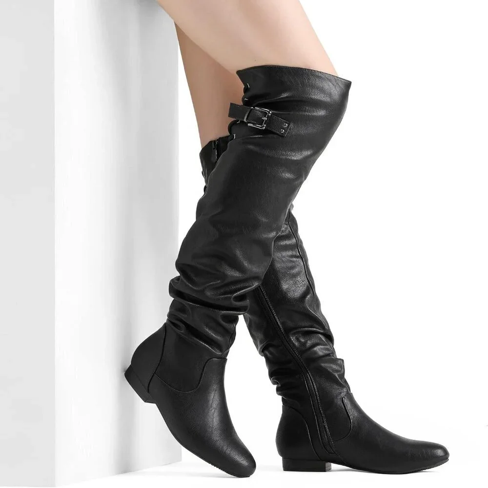 Women's Black Suede Over The Knee Thigh High Comfortable Low Heel Winter Boots